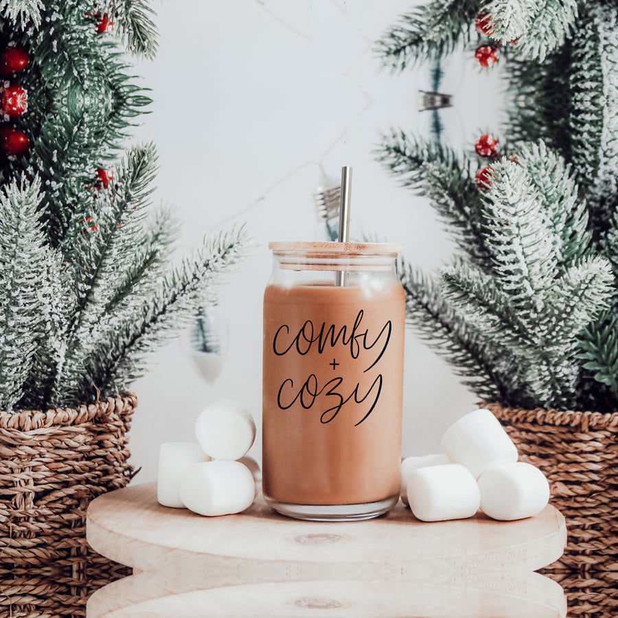 Comfy + Cozy 17oz Glass Cup – Borosilicate Tumbler with Bamboo Lid & Stainless S