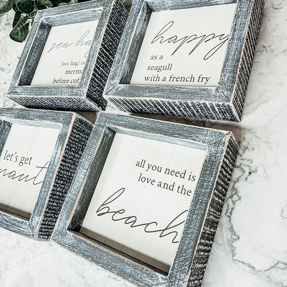 Thumbnail: Summer 5" wooden sign with a beach-themed quote, "sea hag (sea hag) noun -- mermaid before coffee,"