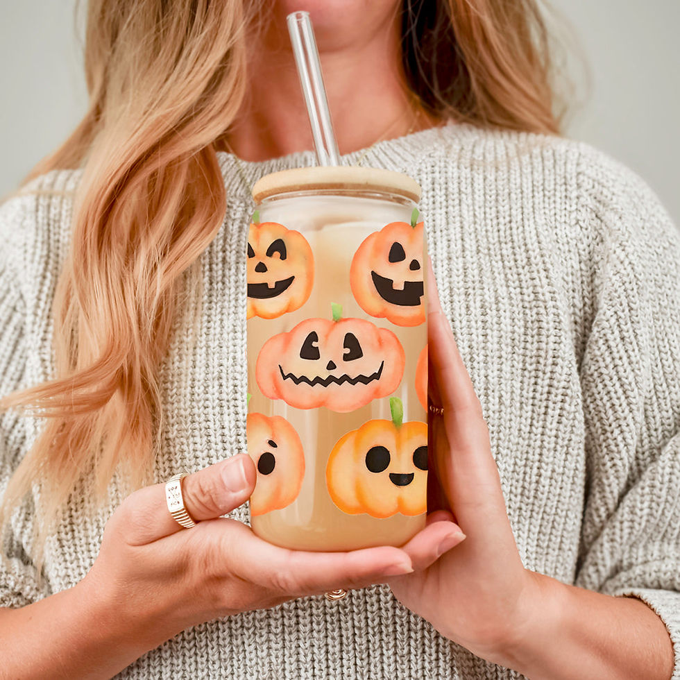 Thumbnail: Pumpkins 20oz glass cup with autumn pumpkin design, bamboo lid, and included stainless steel straws.