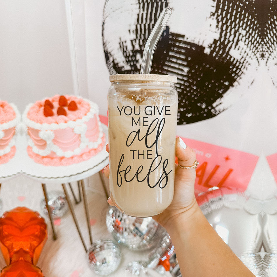 Thumbnail: You Give Me All the Feels Glass Cup – 20oz Borosilicate Tumbler with Bamboo Lid