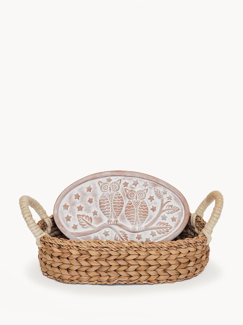 Owl bread warmer basket with round ceramic plate