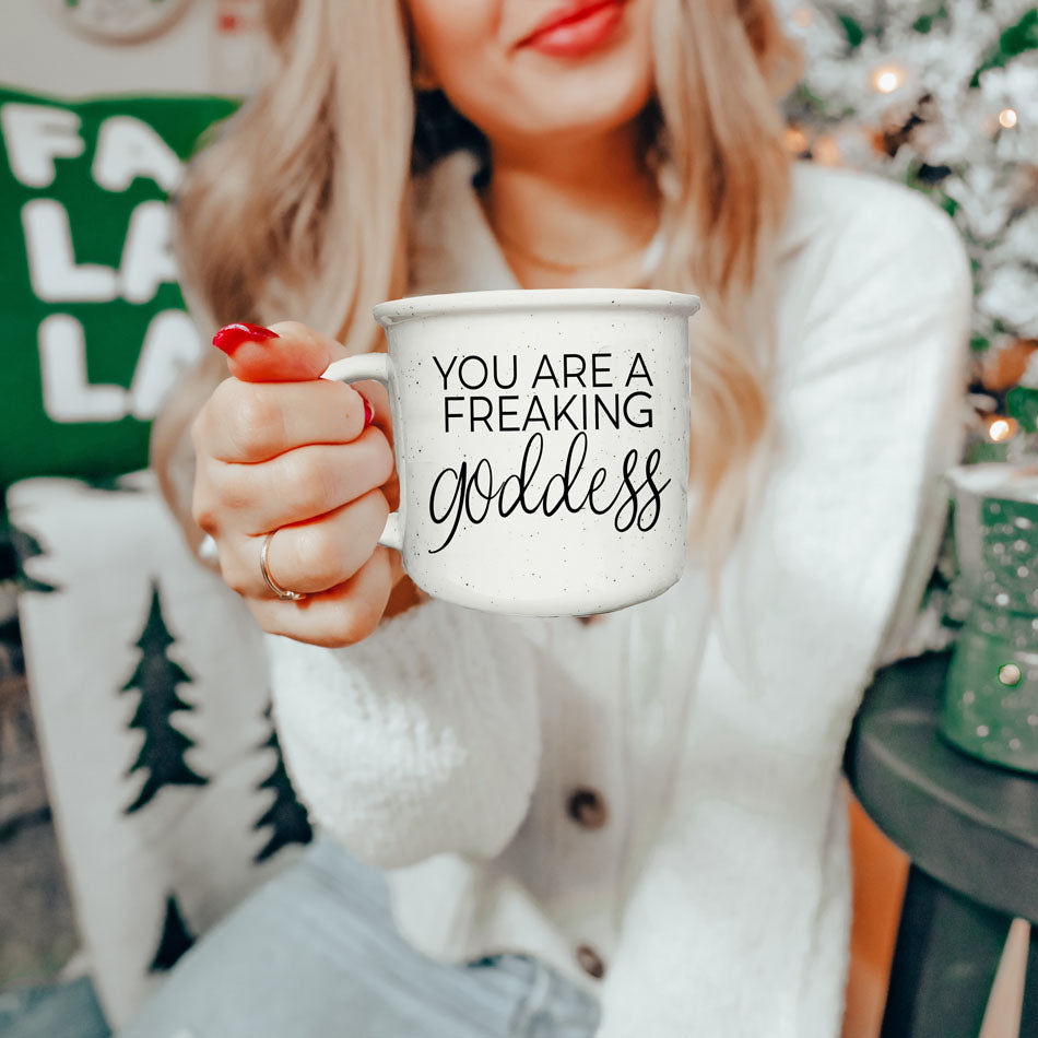 Goddess 14.5oz mug with empowering text, perfect for boosting confidence whether you're relaxing or ready to take on the day.