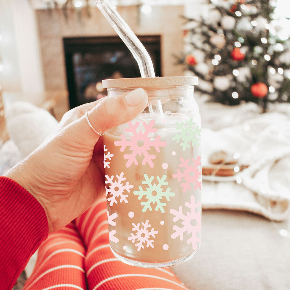 Thumbnail: Pastel Snowflake Glass Cup – 500ml Holiday Aesthetic Tumbler