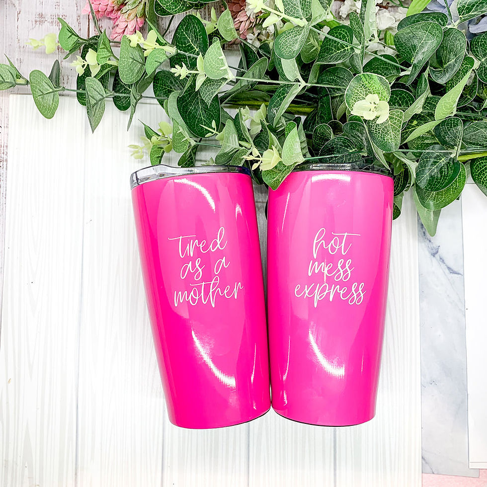Thumbnail: Pink stainless steel travel mug with “Hot Mess Express” design – funny gift for coffee lovers
