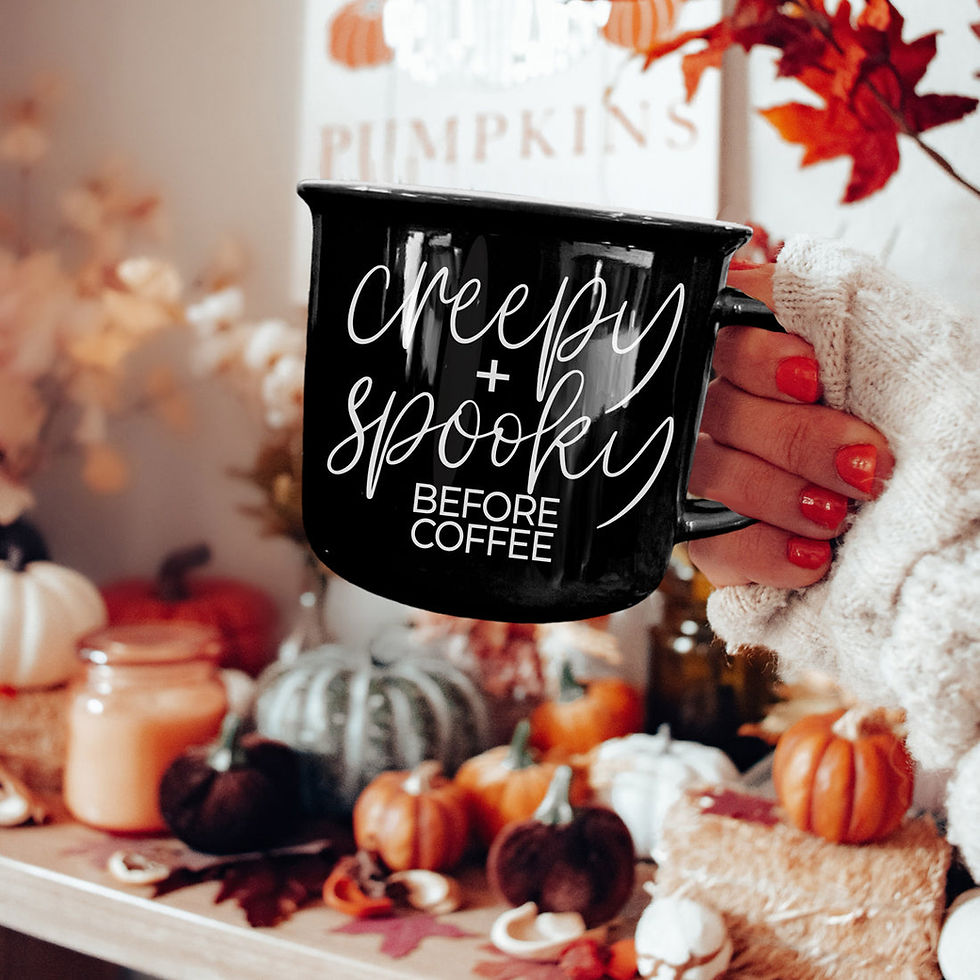 Thumbnail: Creepy Spooky black ceramic Halloween mug with crisp white lettering, double-sided design, microwave and dishwasher safe.