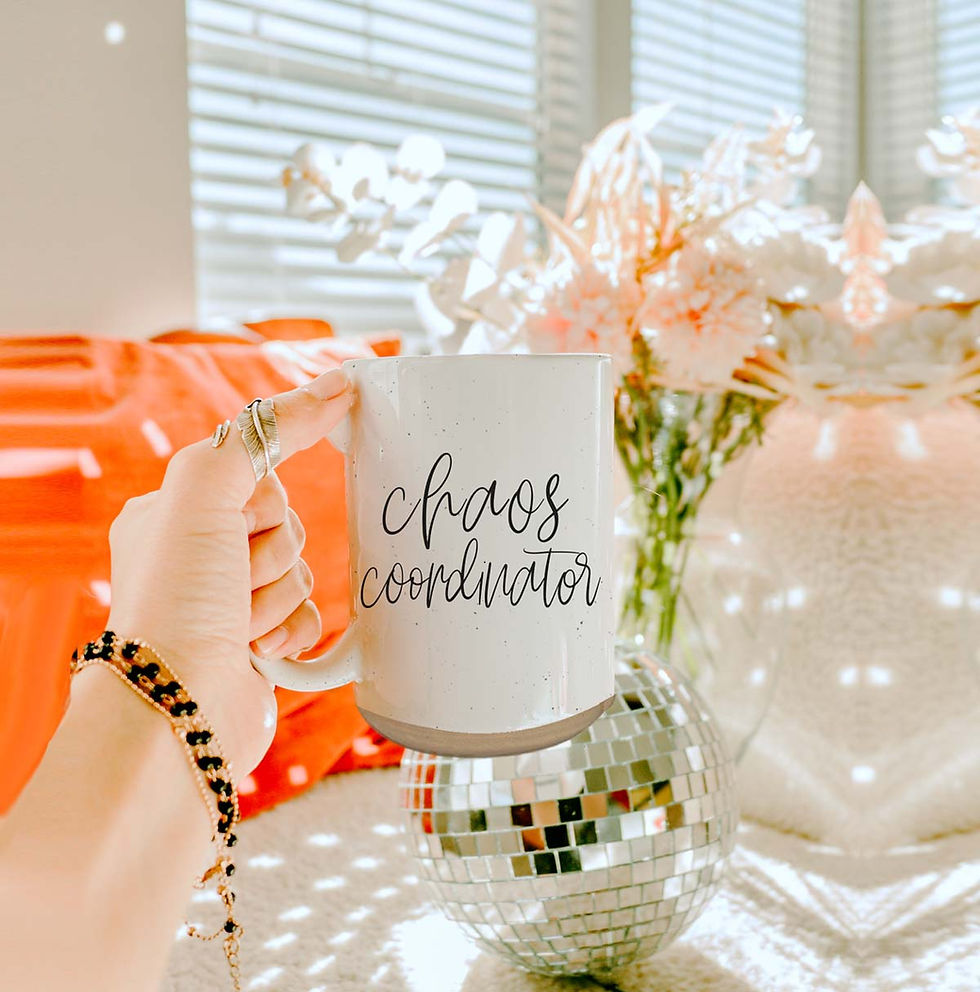 Thumbnail: Chaos 16oz ceramic mug with playful text and a modern, minimalist design.