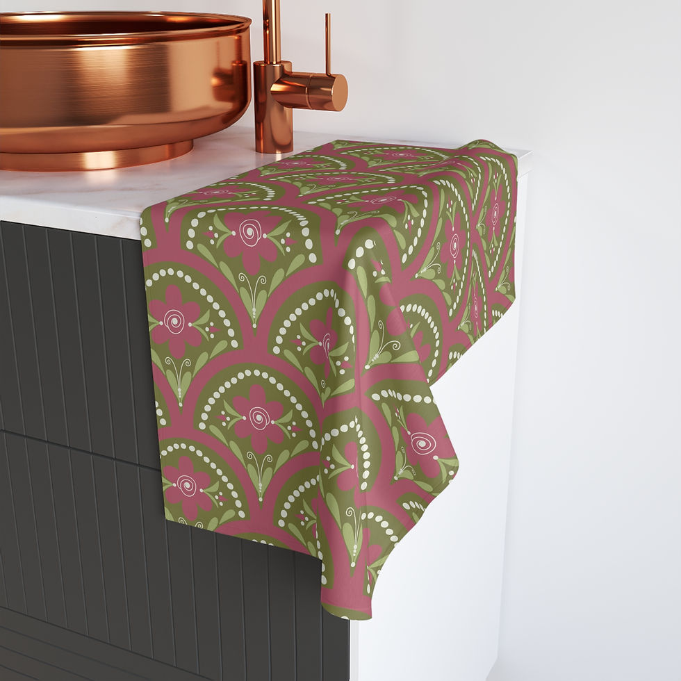 Thumbnail: Floral Scallop Hand Towel — Pink & Olive Vintage Pattern