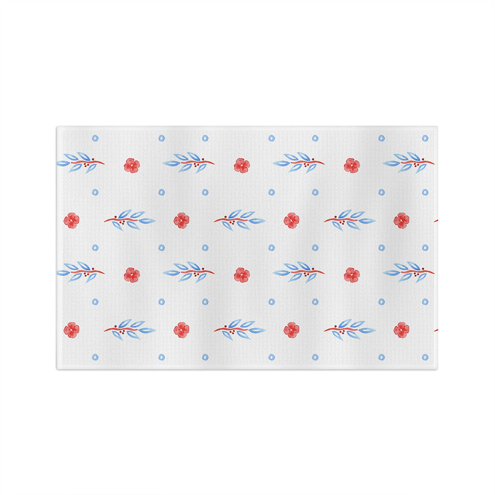 Thumbnail: Tea Towel Vine and Flowers Red White Blue Design