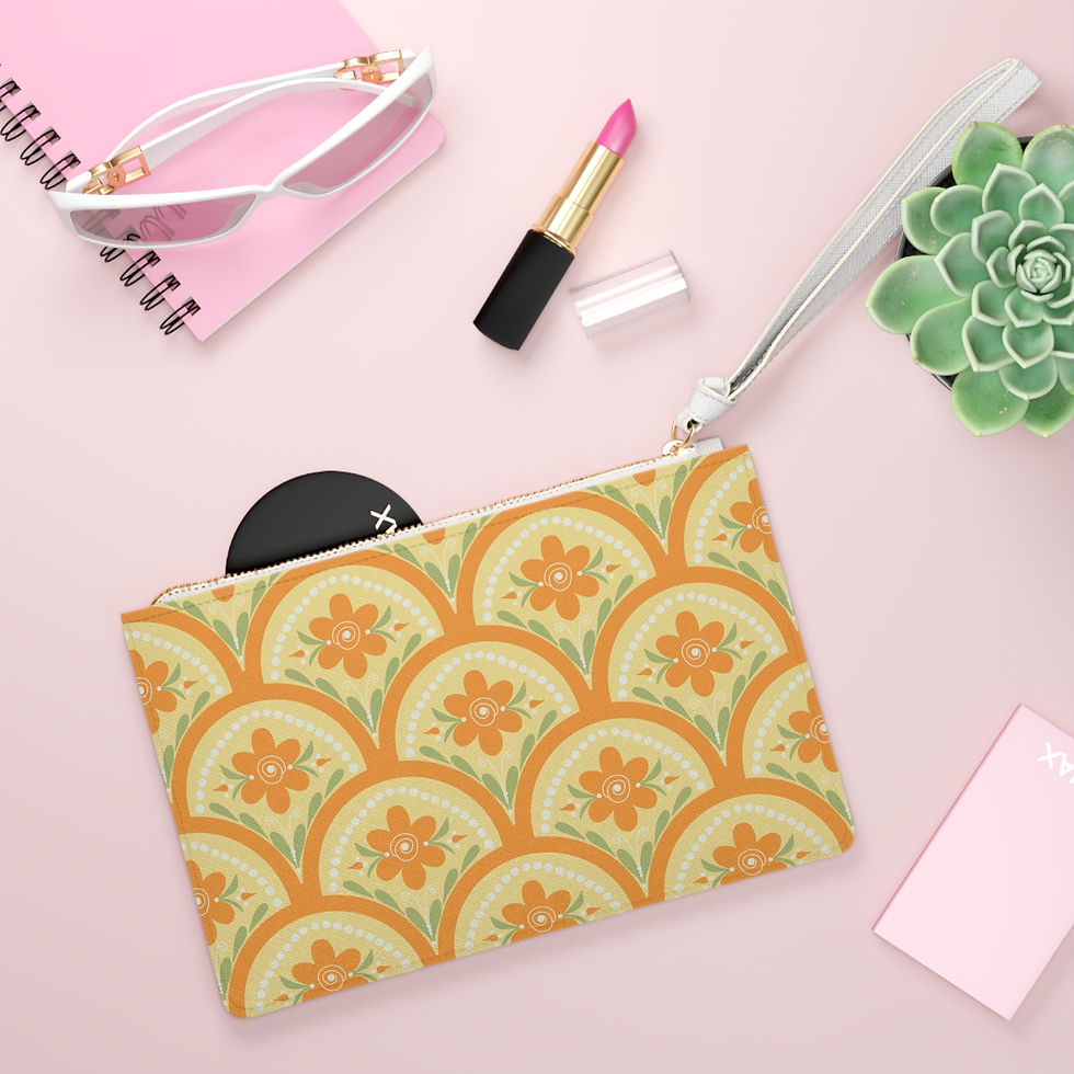 Thumbnail: Retro Floral Clutch Bag — Vintage Orange Scallop Pattern Wristlet
