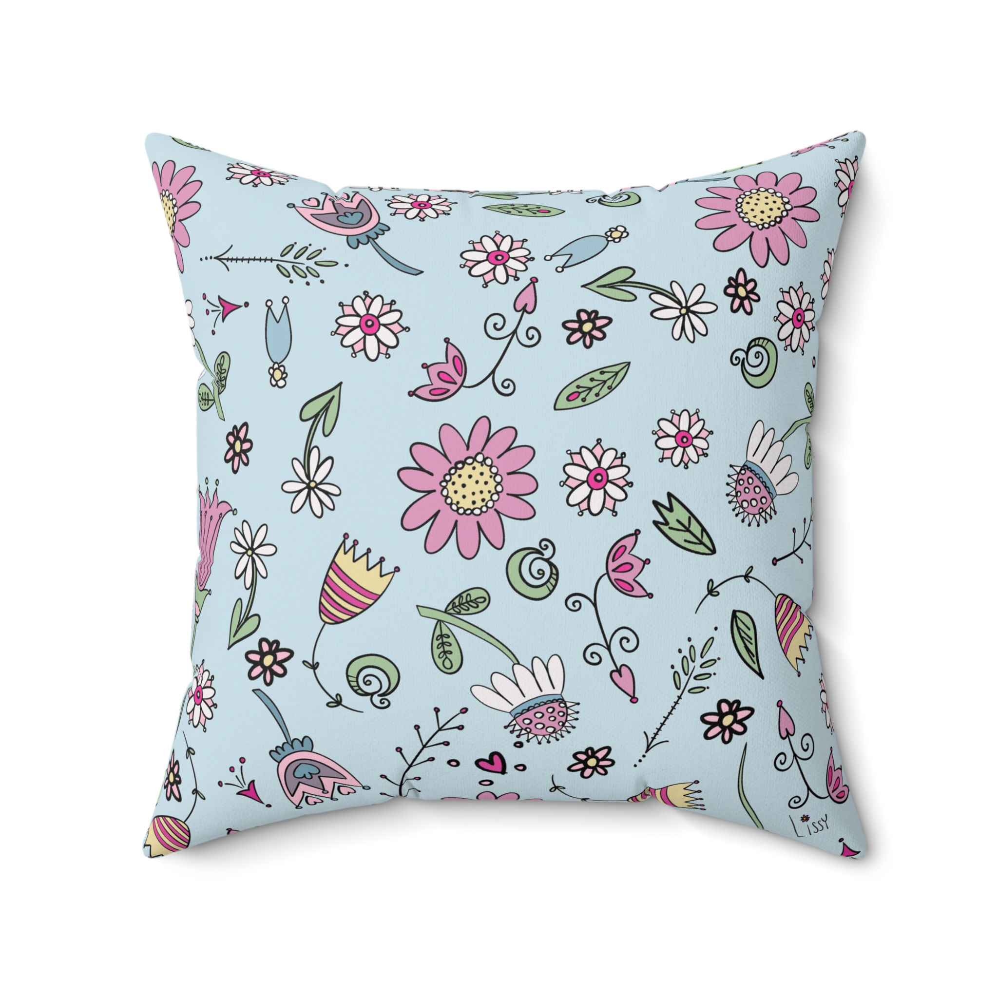 Custom Design Square Pillow Flower Doodles Blue
