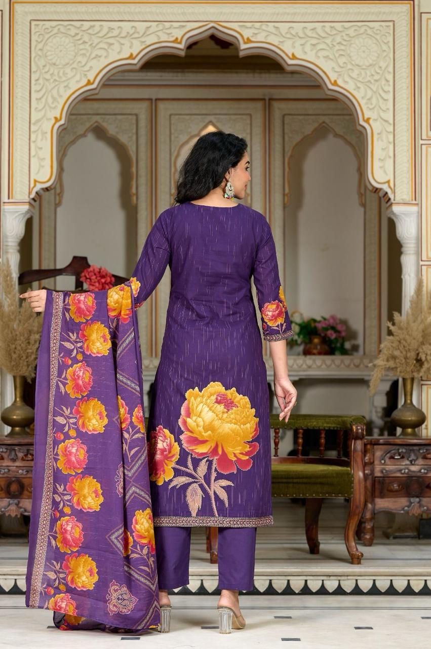 Thumbnail: Purple Embroidered Floral Printed Suit Set
