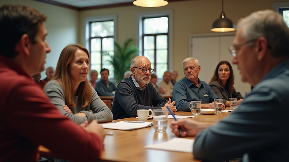 Eye-level view of a community meeting with residents engaged in discussion