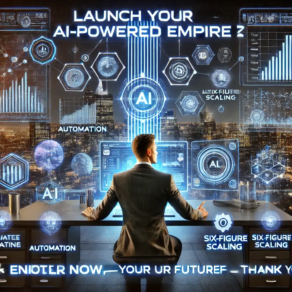 AI-powered business automation with digital screens showcasing strategies for scaling an online business