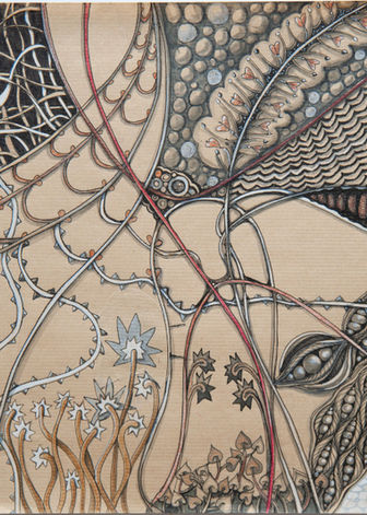 surreal, strukturen, muster, verschlingungen, braun, schwarze, zeichnung, sehr detailliert, knochen, zellstrukturen, blutgefaesse, zellen