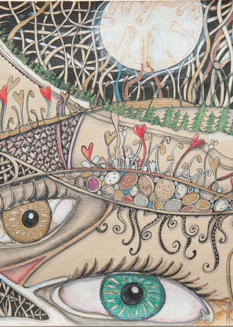 surreal, strukturen, verschlingungnen, augen, pflanzen, blueten, braun, schwarze, rote zeichnung, sehr detailliert