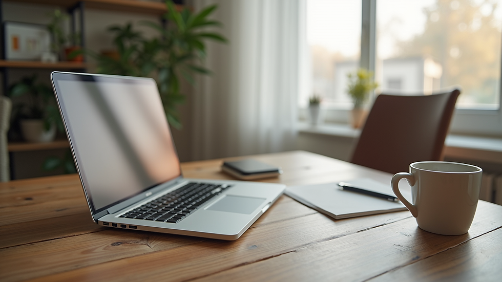 High angle view of a calm home office setup prepared for an online therapy session