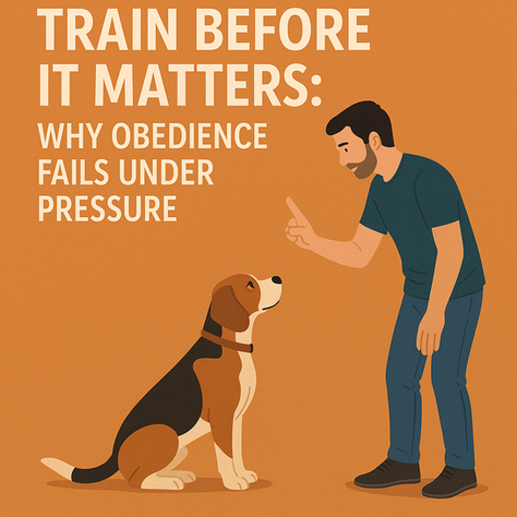 Illustration of a man in a dark teal shirt and jeans training a seated Beagle. The man is pointing and speaking to the dog, who is attentively watching him. The background is orange, and bold text reads: 'TRAIN BEFORE IT MATTERS: WHY OBEDIENCE FAILS UNDER PRESSURE.'