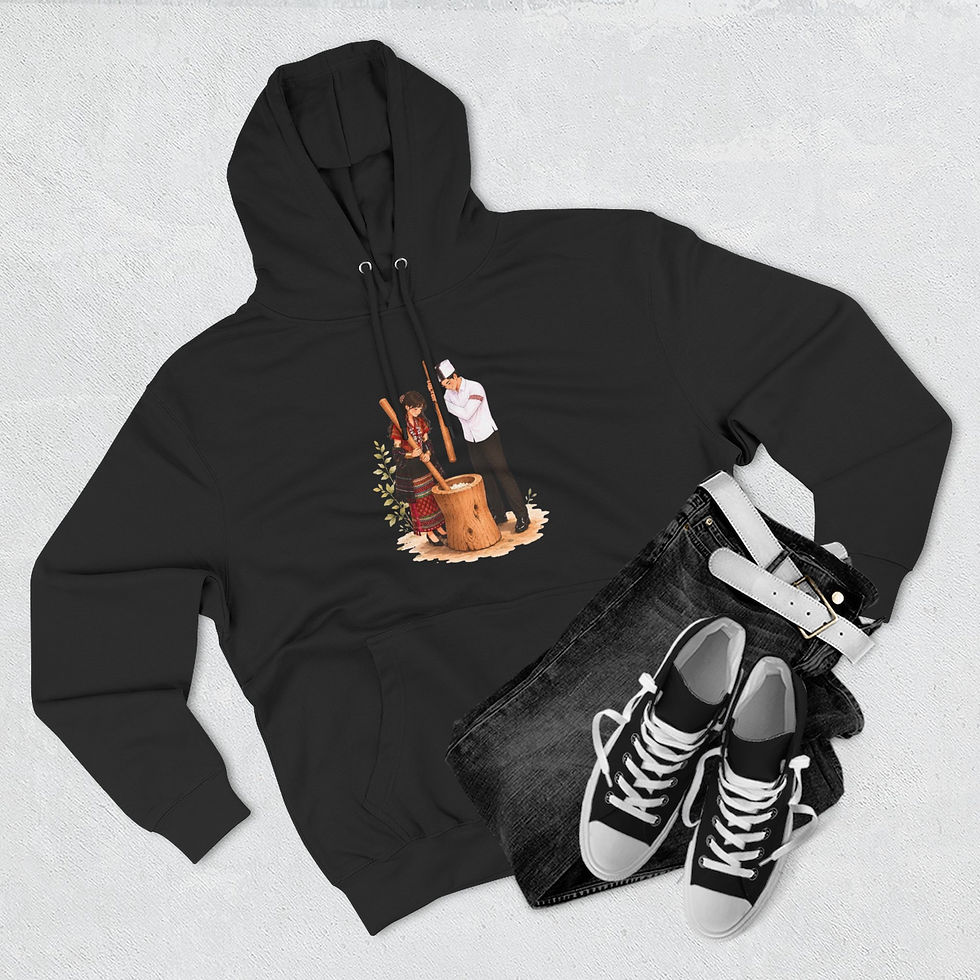 Thumbnail: Three-Panel Fleece Hoodie — Cozy Mochi-Pounding Illustration Hooded Sweatshirt