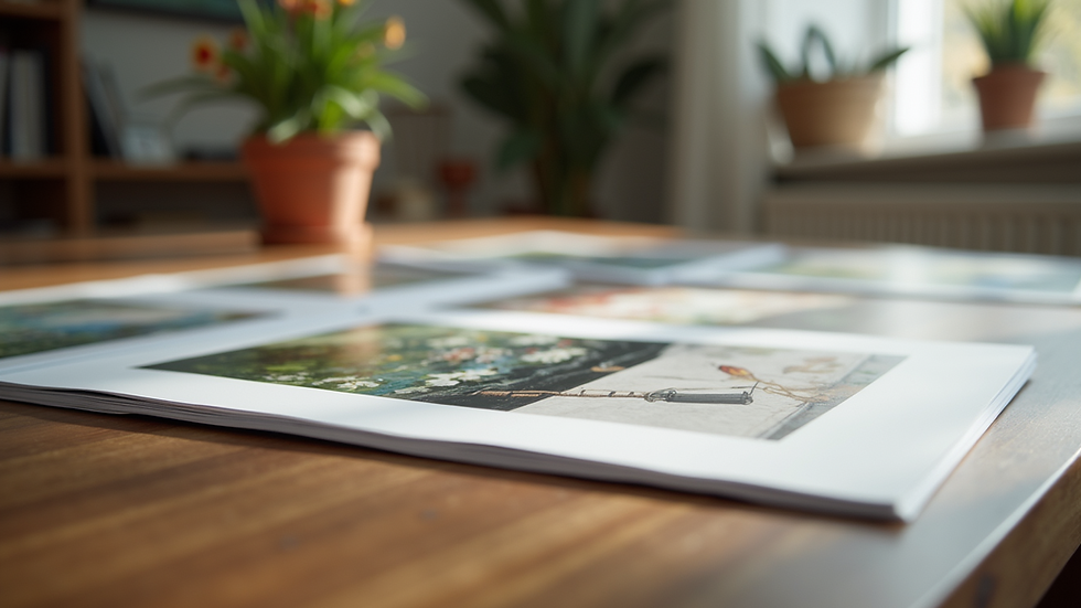 Eye-level view of a beautifully arranged art portfolio on a wooden table