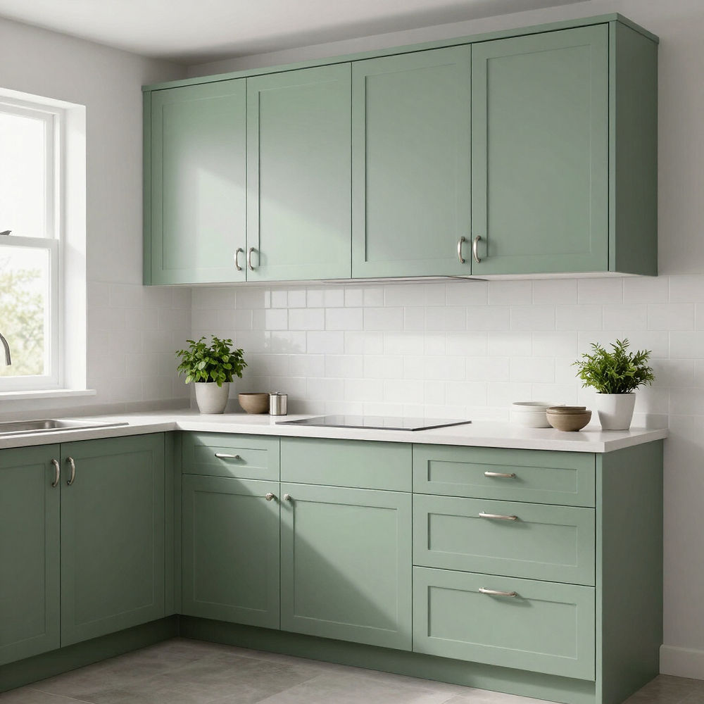 Sage green kitchen cabinets with white countertop
