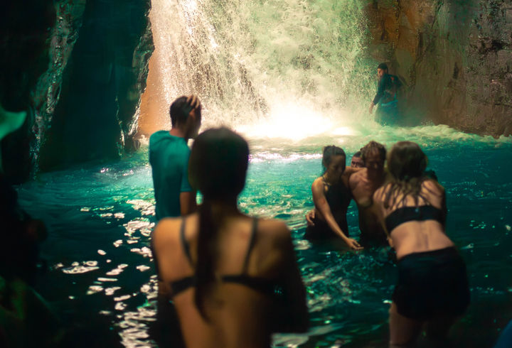 Close-up of the cascading water at La Leona Waterfall.
