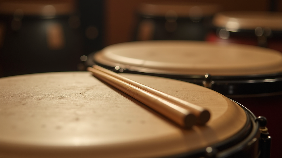 Close-up view of a taiko drum surface with visible wood grain and drumsticks