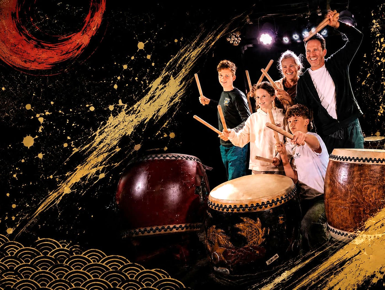 Foreign family enjoying a taiko drum workshop in Kyoto with traditional Japanese drums and dynamic Japanese-style artwork