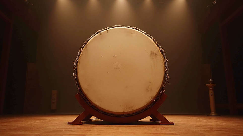 Eye-level view of a large odaiko drum on stage