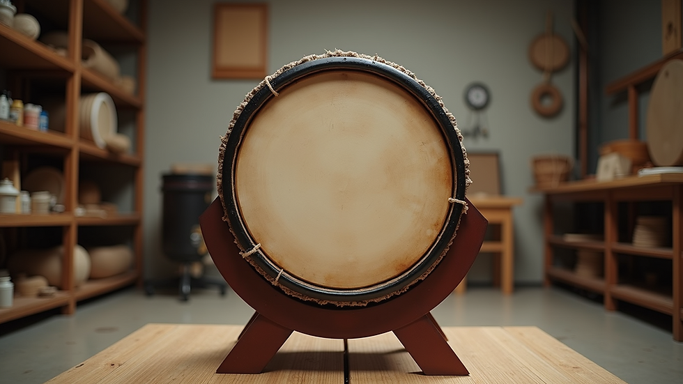 Eye-level view of a taiko drum on a wooden stand in a workshop room