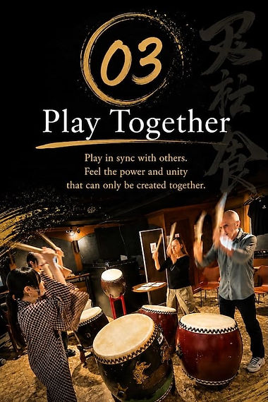 Group of participants playing taiko drums together during a Kyoto taiko workshop experience