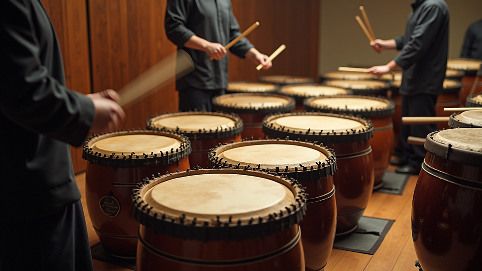 High angle view of taiko drums set up for a workshop in Gion