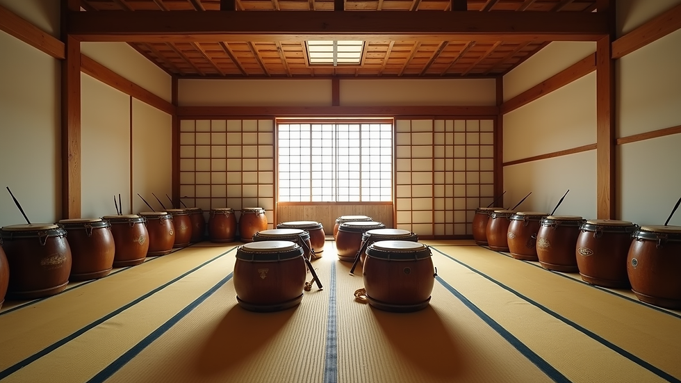 Wide angle view of a Kyoto taiko lesson room with drums arranged neatly