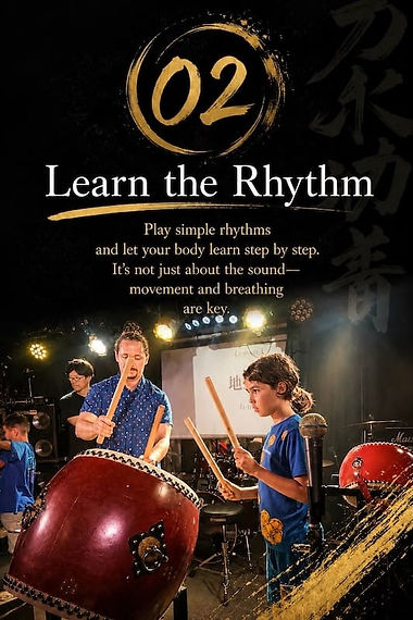Participants practicing basic taiko drum rhythms during a Kyoto taiko workshop in Japan