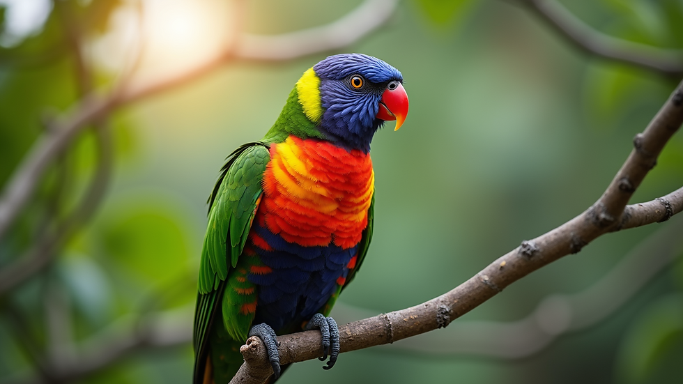 Eye-level view of a colorful parrot perched on a branch