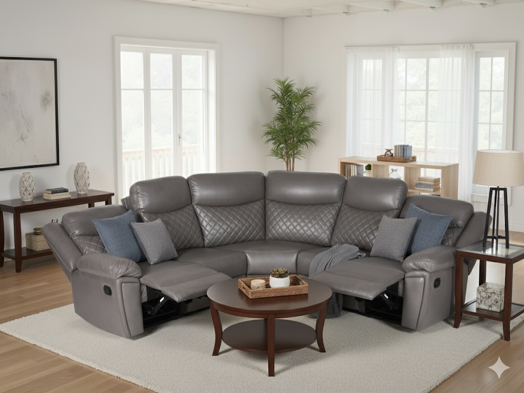 Kiara grey leather quilted manual recliner corner sofa 