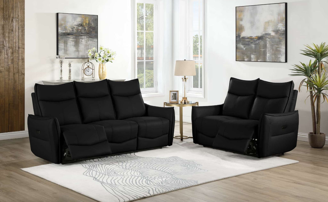 Tona black italian leather sofa 3+2 electric recliner thin designer arms 