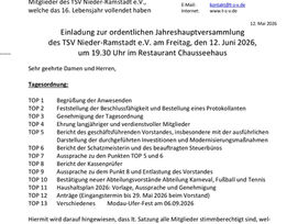 Jahreshauptversammlung TSV Nieder-Ramstadt e.V. findet am, Freitag, den 12. Juni 2026 statt