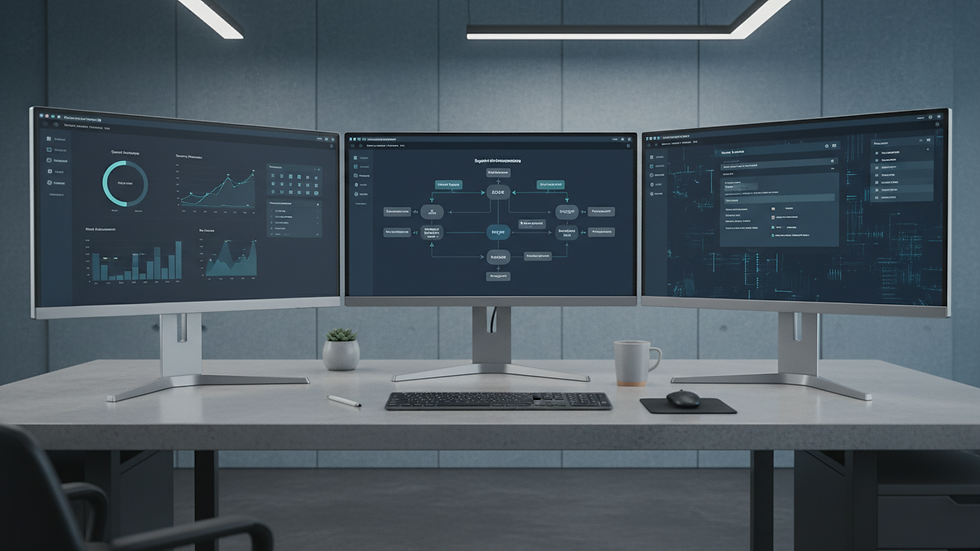 Eye-level view of a modern office desk with multiple monitors displaying procurement software dashboards