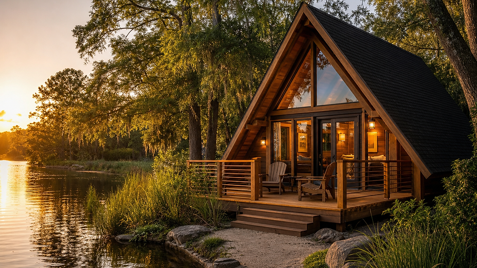 Cabaña de madera con techo triangular junto a un lago al atardecer, rodeada de árboles y vegetación, con luces cálidas visibles en el interior.