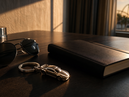 Sobre una mesa de madera iluminada por el sol hay unos lentes de sol, un llavero con un automóvil deportivo en miniatura y una libreta negra; al fondo, por la ventana, se distinguen parcialmente unas montañas rusas.