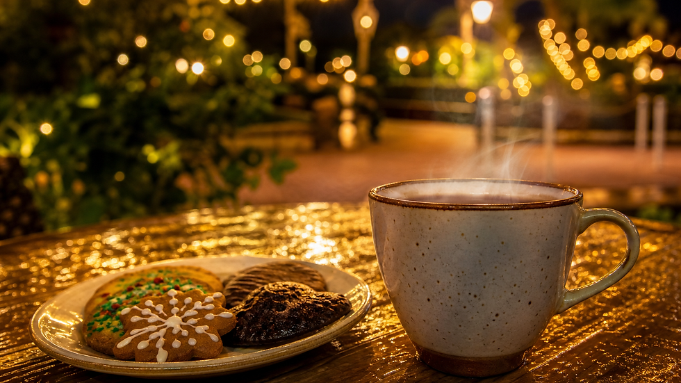 A steaming cup and a plate of Christmas cookies on a table lit by warm string lights, with a blurred Christmas tree in the background.