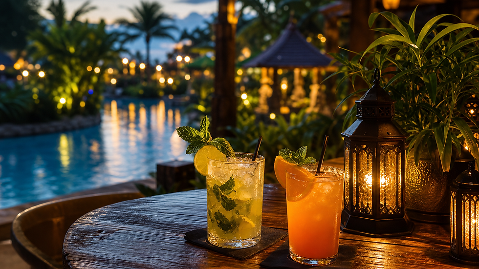 Two cocktails, one yellow with lime and mint and another orange, sit on a wooden table beside lit lanterns, with a pool and tropical vegetation at sunset.