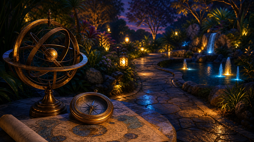 An armillary sphere and compass rest on an old map beside an illuminated path through a nighttime garden with fountains and a waterfall.