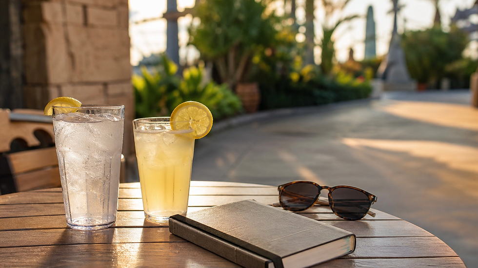 Mesa de madera al aire libre con dos bebidas frías con rodajas de limón, un libro cerrado y gafas de sol; al fondo se ve un camino soleado con vegetación y estructuras desenfocadas.