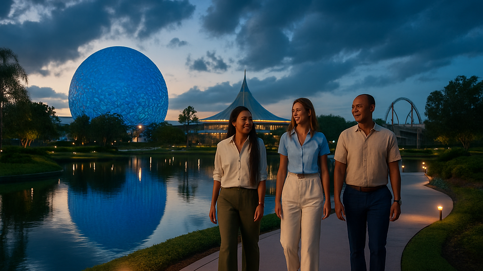 Vista nocturna de un parque temático en Florida con arquitectura futurista, reflejos en el agua y luces suaves al atardecer