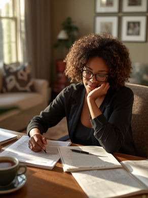A birth center owner reviews financial reports in a warm, welcoming office, reflecting on the center's financial health and planning for long-term sustainability.