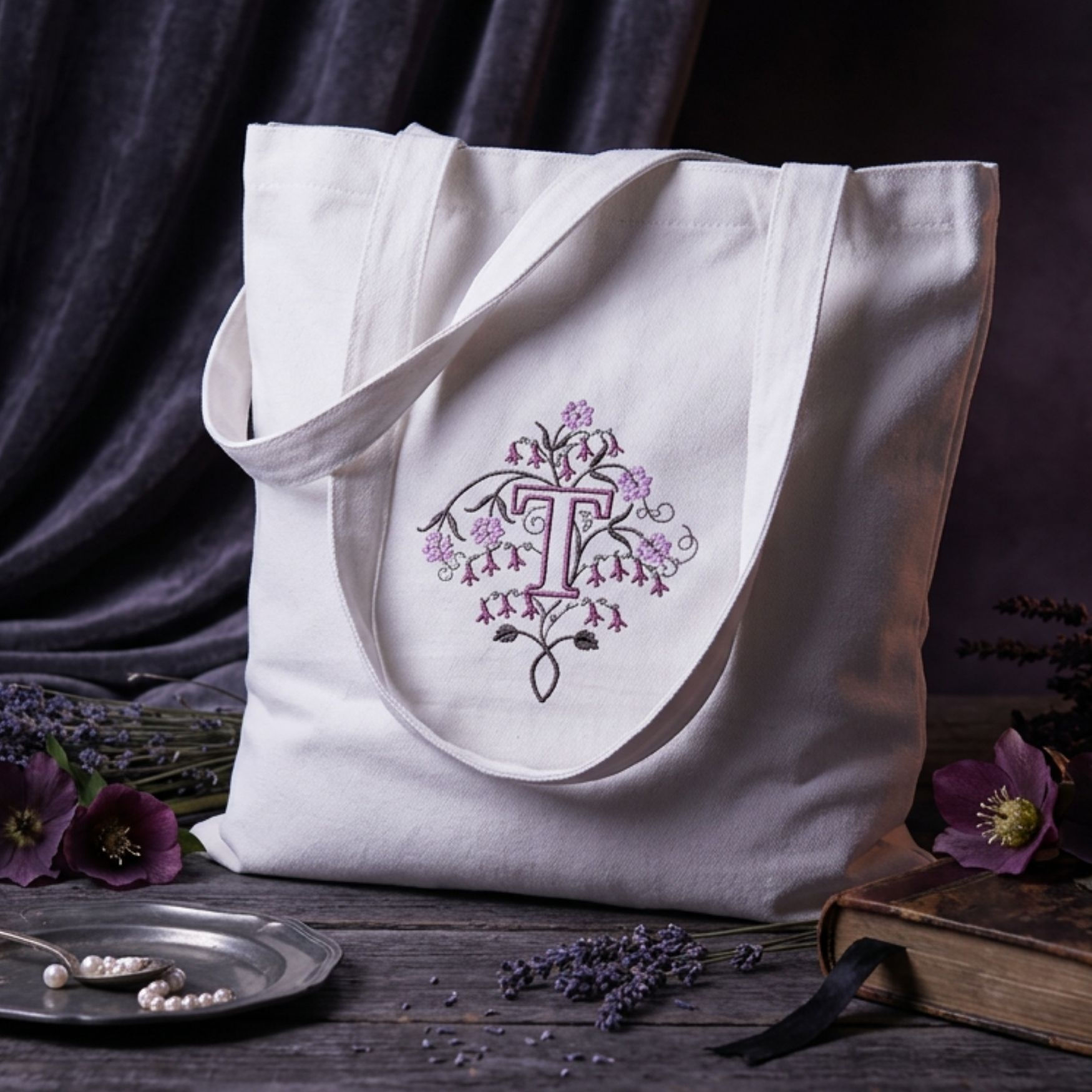 Moonlit Lavender Floral Monogram Tote