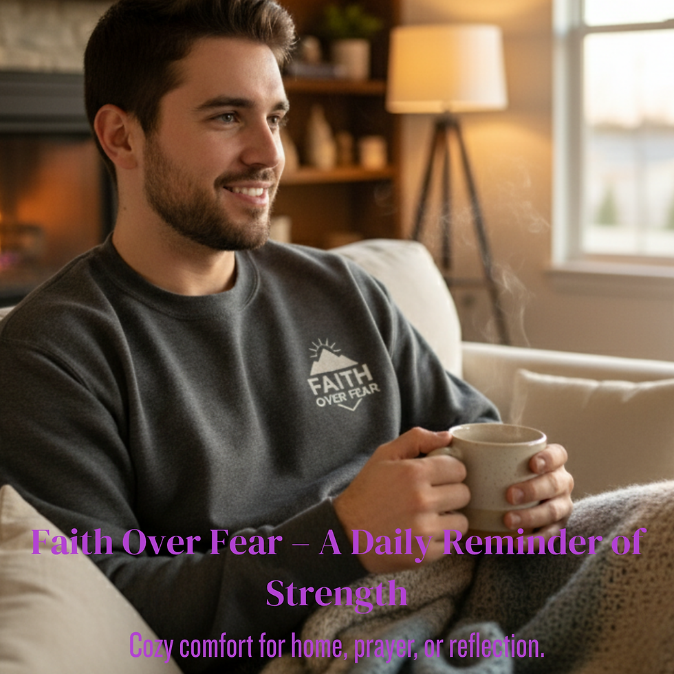 “Man wearing Faith Over Fear embroidered sweatshirt, holding a mug near fireplace.”