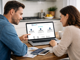 Couple comparing travel insurance plans on a laptop, reviewing coverage differences before booking a trip.