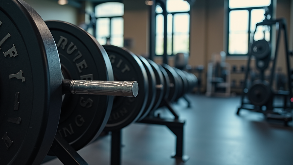 Eye-level view of gym equipment lined up for strength training